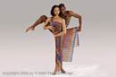 Two dancers in complicated pose and rainbow costumes