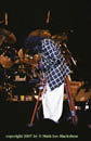 Miles Davis in checkered jacket playing trumpet
